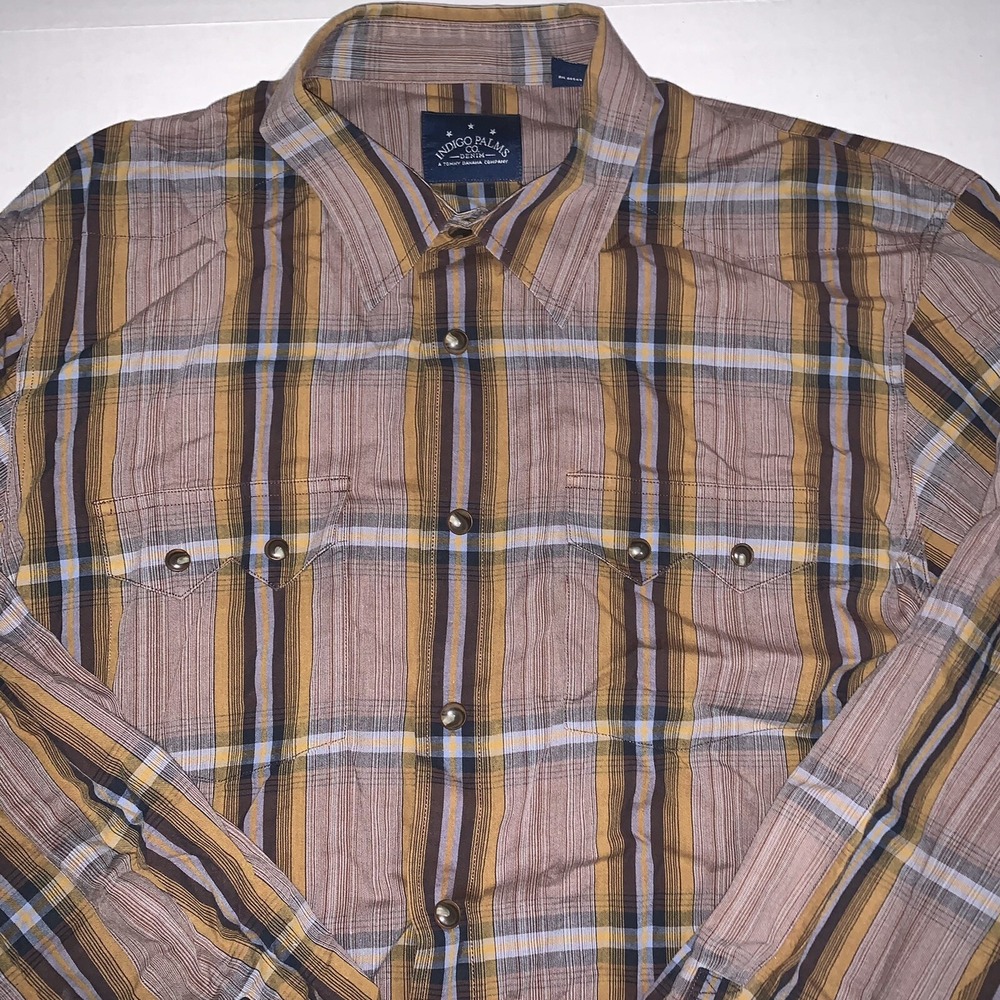 Tommy Bahama Indigo Palms Plaid Long Sleeve Snap Up Shirt Mens XL Brown